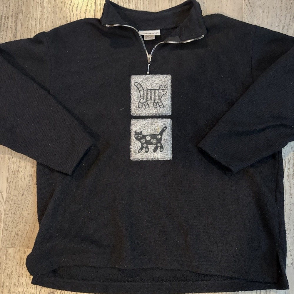 VTG 90s Cat Quarter Zip Pullover Sweatshirt Black USA  Women's M Cotton Rare HTF